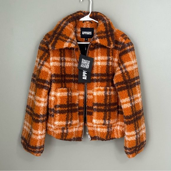 NWT apparis Francis Sherpa zip jacket plaid small orange brown womens - Picture 3 of 13